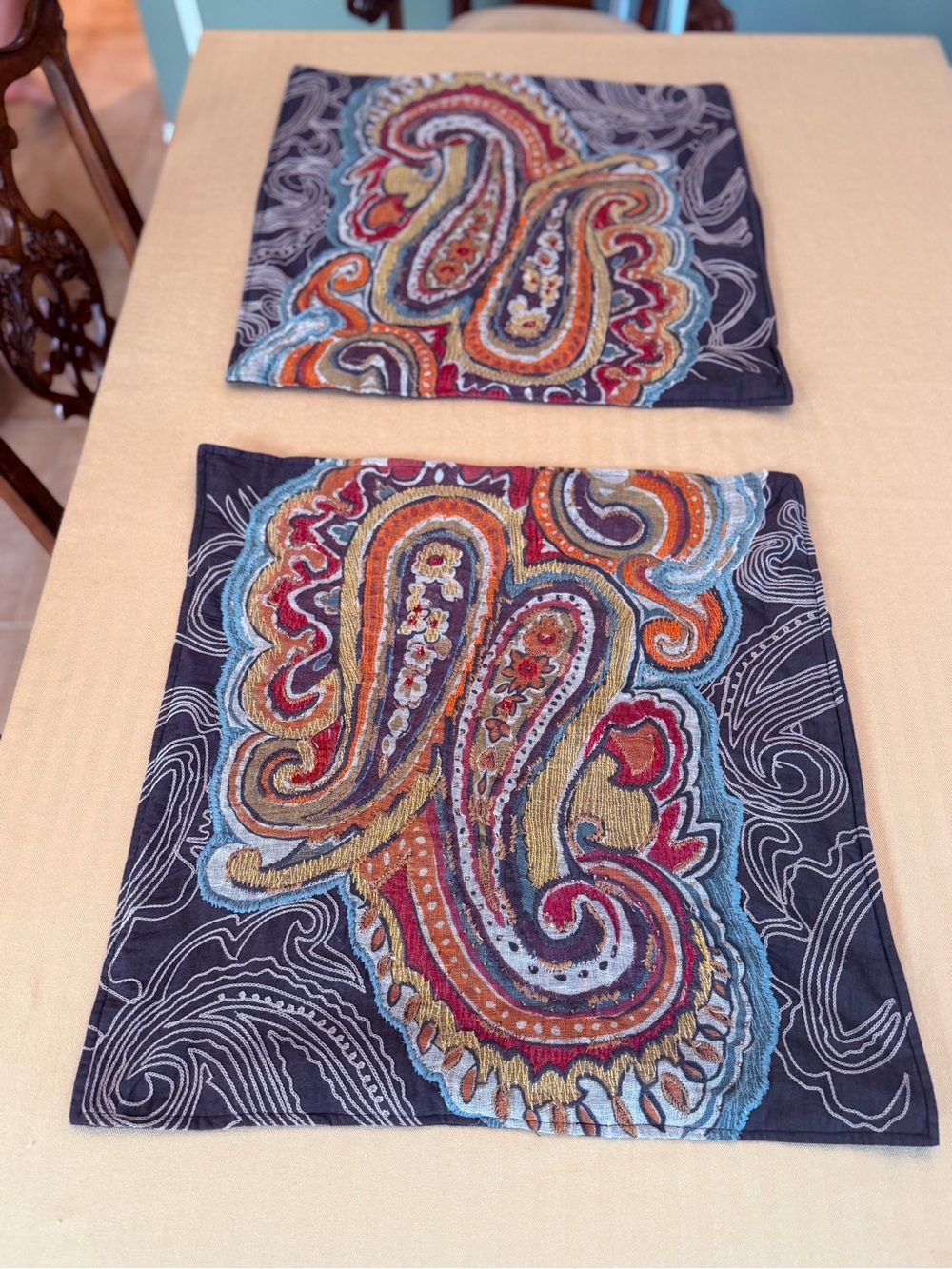 TWO Pottery Barn Pillow Cover Houston Paisley 24" Square Cotton Linen EUC